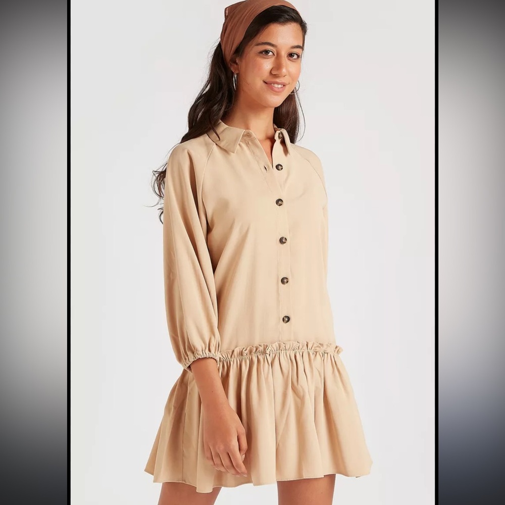 Splash Beige Drop-Waist Shirt Dress – Button Front with Ruched Minimalist Chic